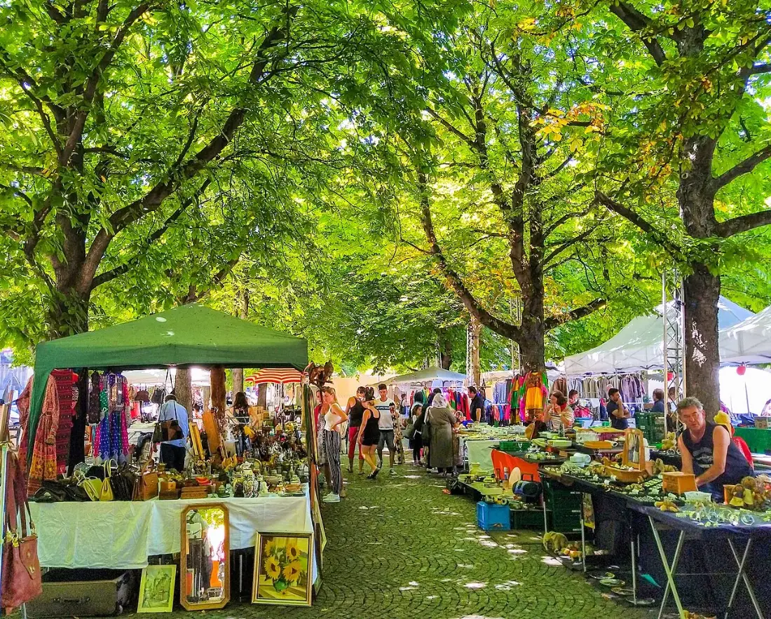 Stände des Flohmarkts auf dem Karlsplatz unter einem Blätterdach
